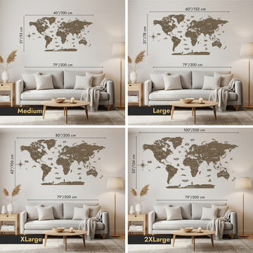 Size chart for the Betul wooden world map: Medium 40 x 21 in, Large 60 x 31 in, XLarge 80 x 42 in, 2XLarge 100 x 53 in