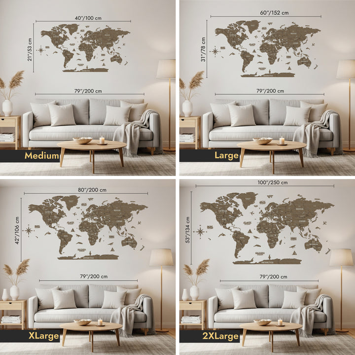 World map wall decal with size comparison on a living room wall.