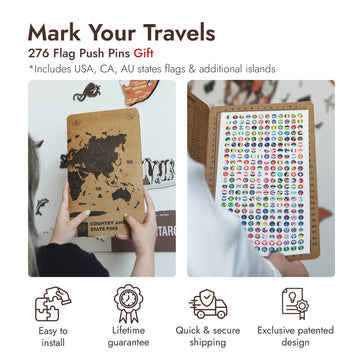 Mark Your Travels infographic: 276 flag push pins gift, easy to install, lifetime guarantee, secure shipping