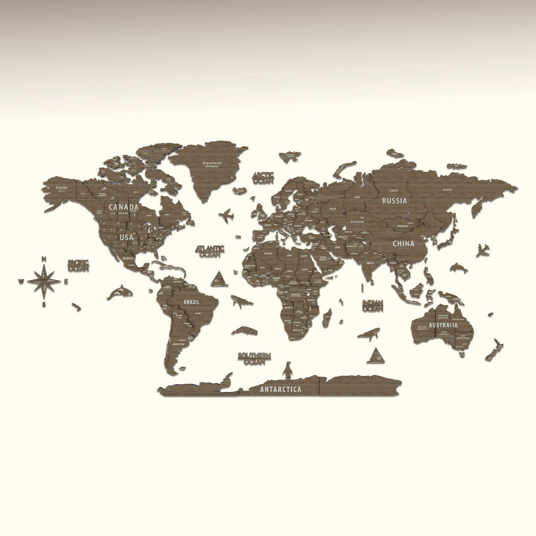 World map with country names on a beige background