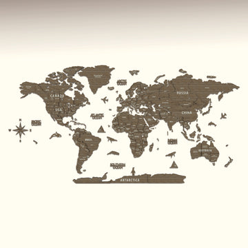Betul wooden world map in brown wood with a compass rose on a plain cream background, front view