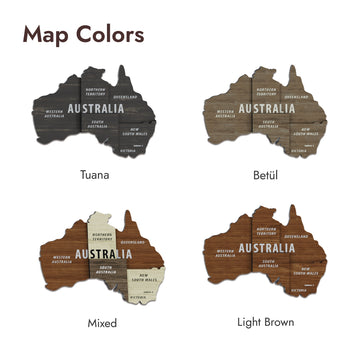Four Australia map pieces showing the wood finishes Tuana, Betul, Mixed and Light Brown