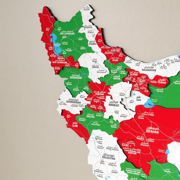 Close-up of western and central provinces on the Iranian Flag Iran map, with Persian and English labels