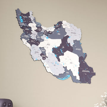 Large tilted view of the Nimbus Iran wooden wall map, with dusky lilac and aubergine provinces