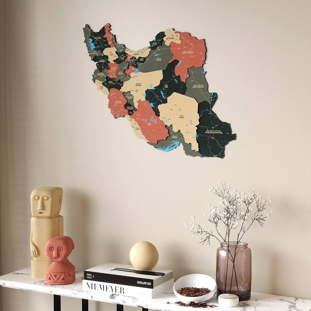Iran Wooden Wall Map Colorful Flag Edition Decor