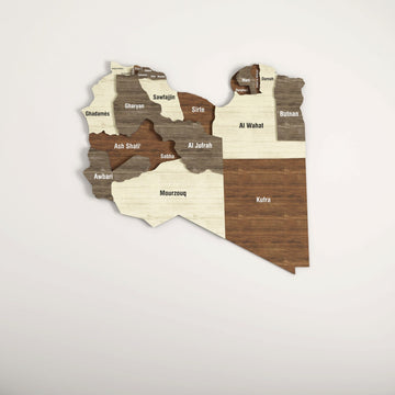 Libya wooden wall map in cream and brown wood with region names like Kufra and Mourzouq, angled view