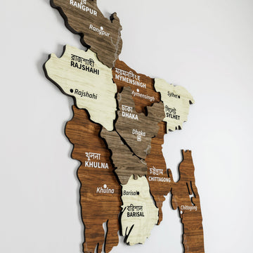 Close-up of layered Bangladesh divisions Rajshahi, Dhaka, Khulna and Barisal on the wooden wall map