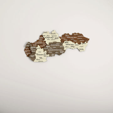 Slovakia wooden wall map straight-on on a plain light wall, mid-size view with Kosice region on the right