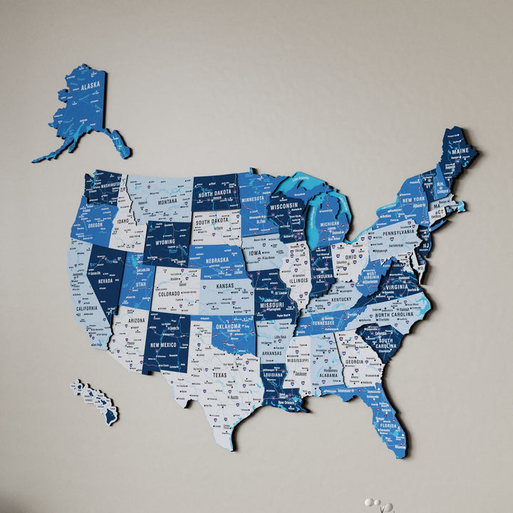 Wooden USA Map Wall Decor - 3D Multilayered Design - Navy