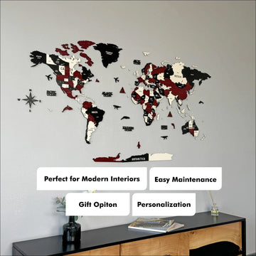 Burgundy wooden world map with callouts: perfect for modern interiors, easy maintenance, gift option, personalization