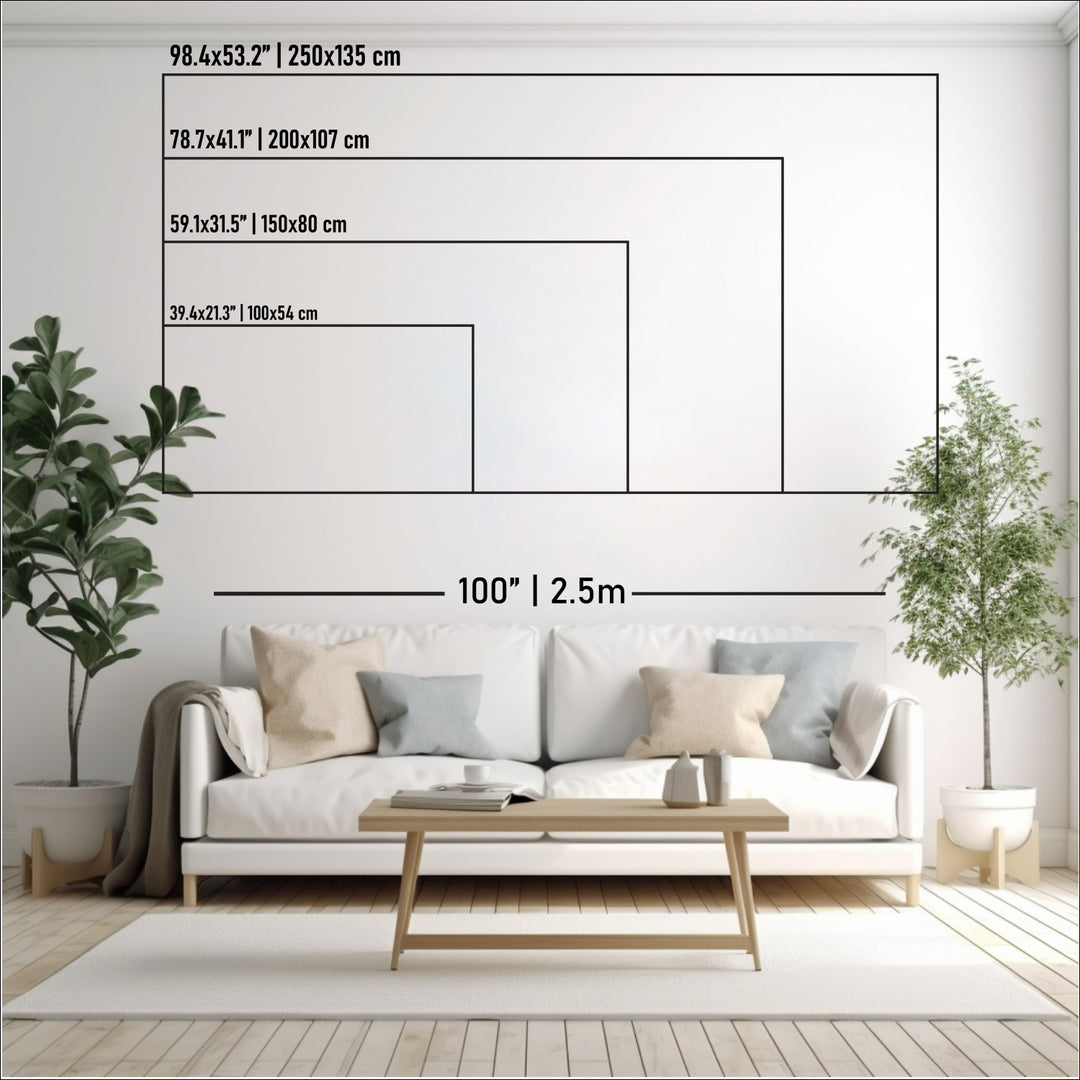 Size chart for the dark brown wooden world map: 100x54, 150x80, 200x107 and 250x135 cm against a sofa