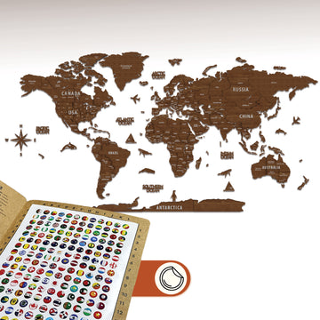 Light brown wooden world map with a flag push pin card at lower left, front view