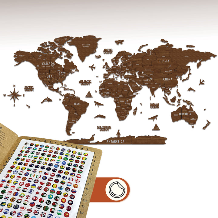 Wooden World Map for Wall - 3D Wood Push Pin Maps (Light Brown)