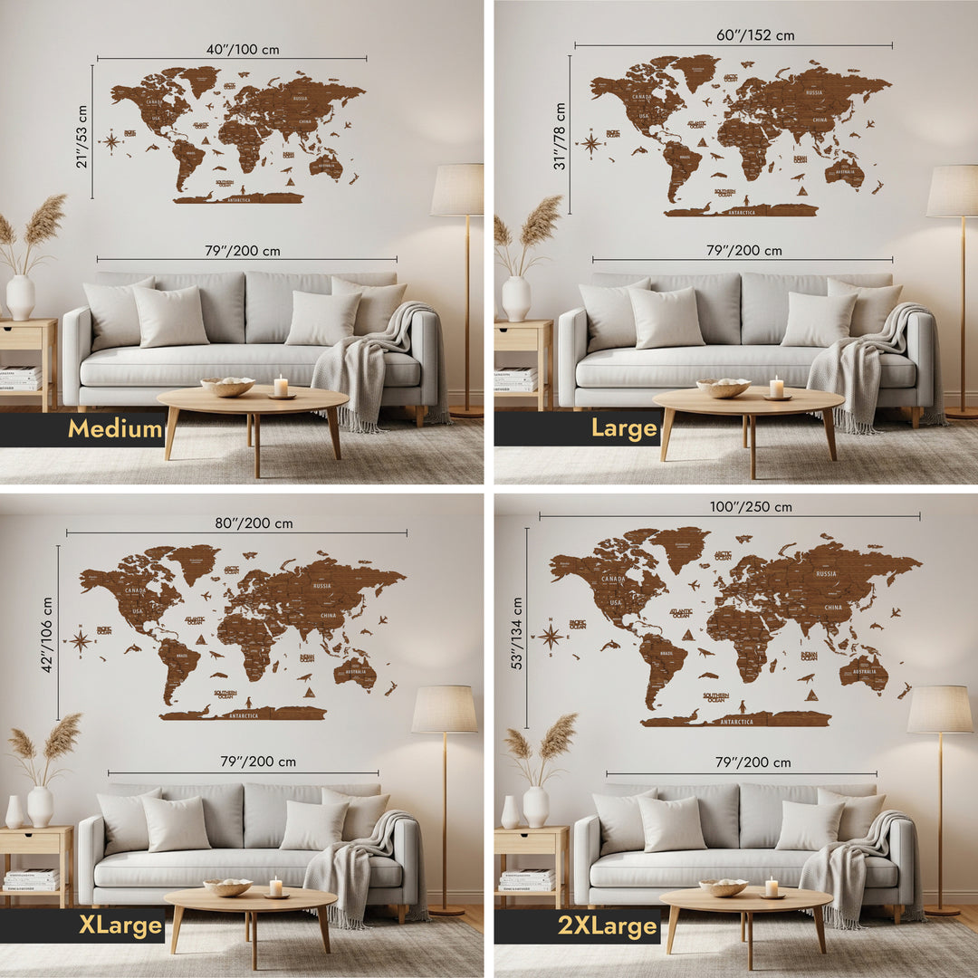 World map wall decal with different size options displayed in a living room setting.