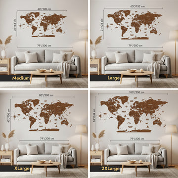 Size comparison of the wooden world map above a sofa: Medium 100 cm, Large 152 cm, XLarge 200 cm, 2XLarge 250 cm wide