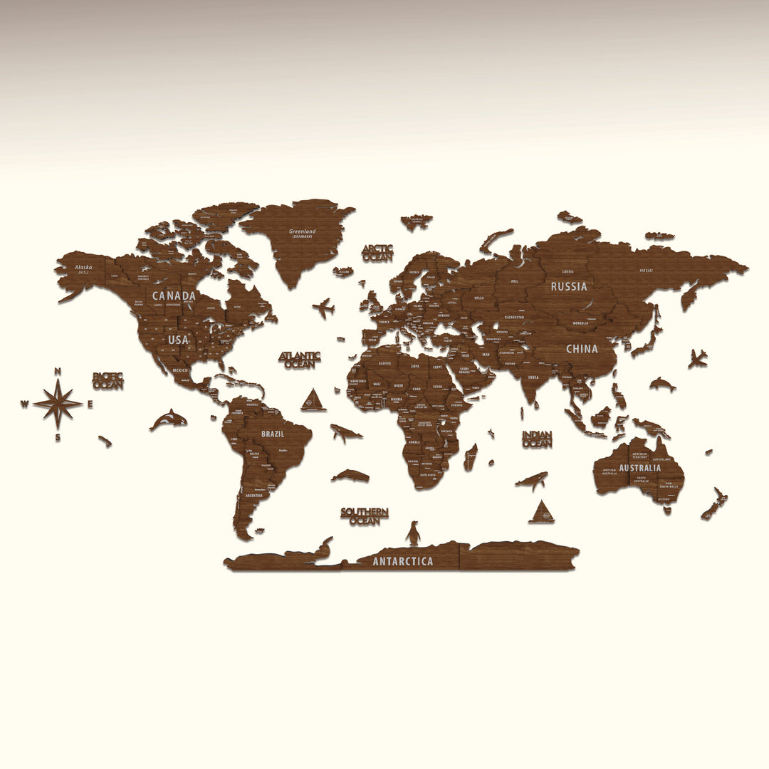 World map with country names on a beige background