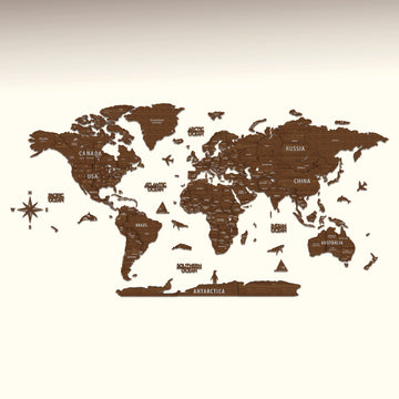 Light brown wooden world map on a plain cream background, front view without a room setting