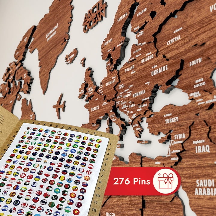 Wooden World Map for Wall - 3D Wood Push Pin Maps (Light Brown)