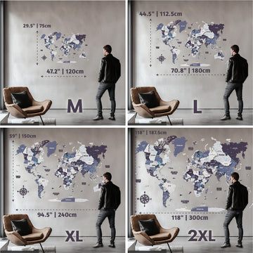 Size guide for the Soil wooden world map: M 120 cm, L 180 cm, XL 240 cm and 2XL 300 cm wide beside a standing man