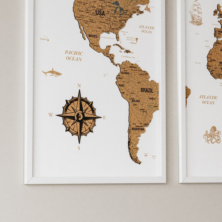 Framed Cork Push Pin World Map - Travel Tracker Wall Art