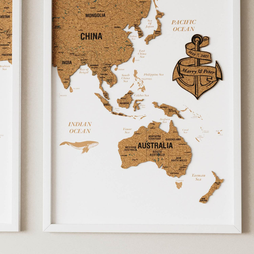 Framed Cork Push Pin World Map - Travel Tracker Wall Art