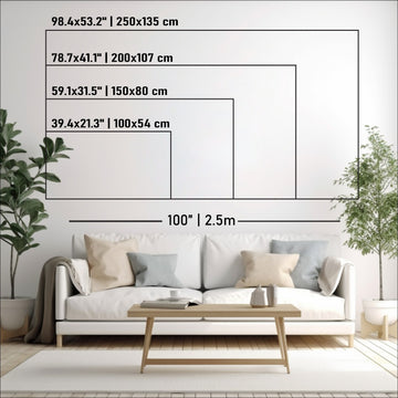 Size chart for the large wooden world map: four sizes from 39.4 x 21.3 in to 98.4 x 53.2 in over a sofa on a 100 in wall