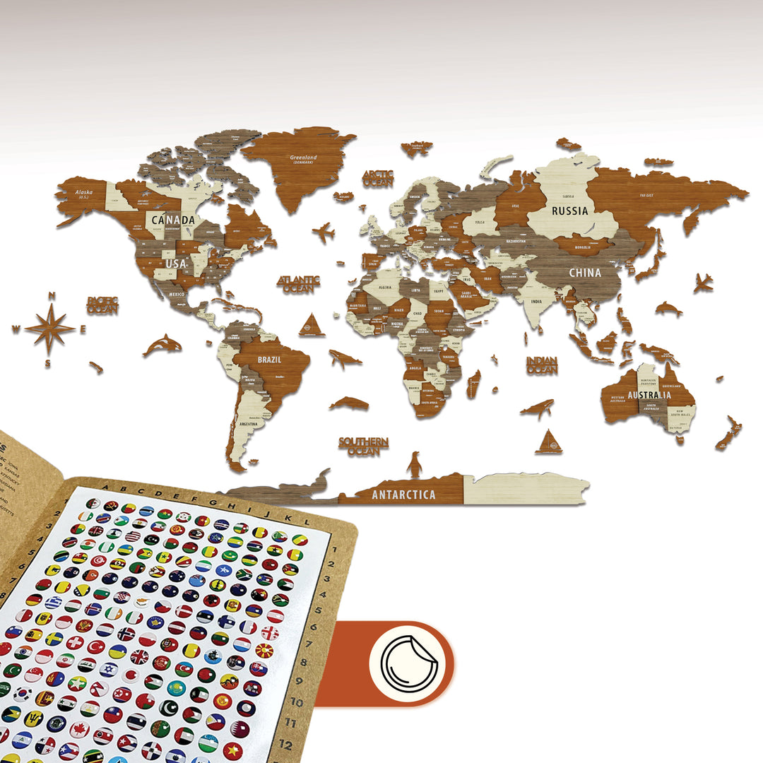 World map with country labels and a set of world flags on a white background