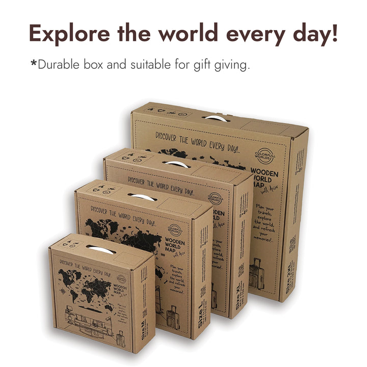 Three cardboard boxes with world map designs on a white background, featuring text about durability and gift-giving.