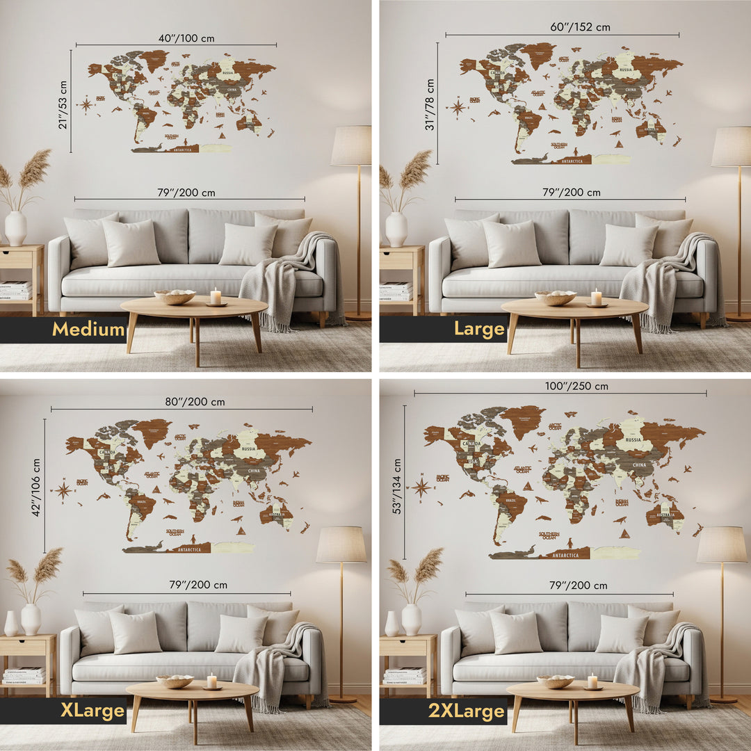 World map wall decal with different size options displayed in a living room setting.