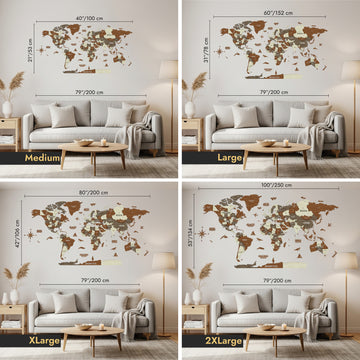 Size comparison of the wooden world map above a sofa: Medium 100 cm, Large 152 cm, XLarge 200 cm, 2XLarge 250 cm wide