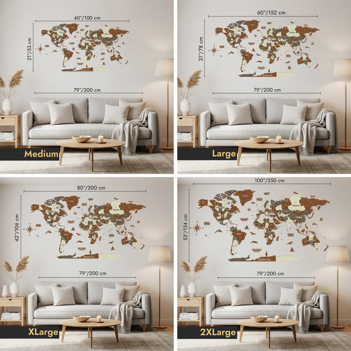 World map wall decal with different size options displayed in a living room setting.