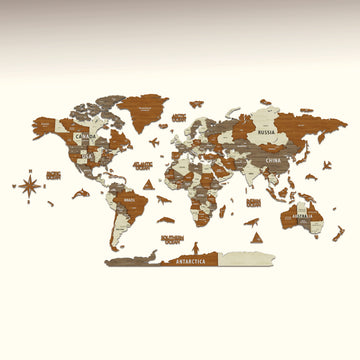 Multicolor wooden world map on a plain cream background, front view without a room setting