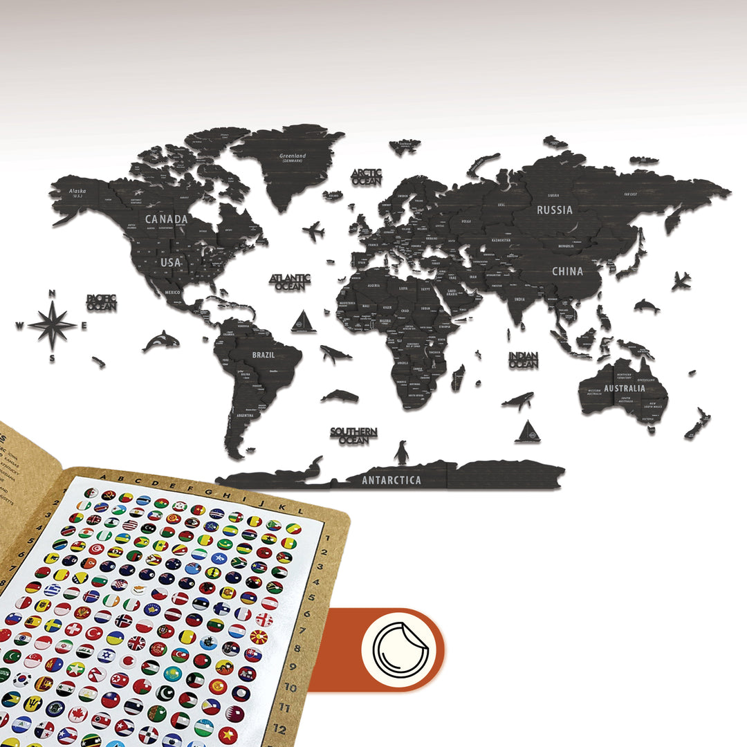 World map with country names and a sheet of world flags on a white background