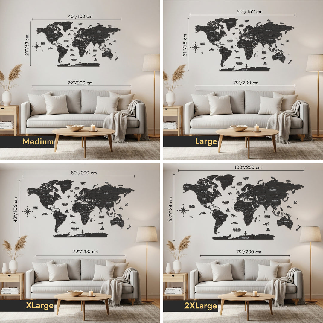 World map wall decal with size comparison in a living room setting.