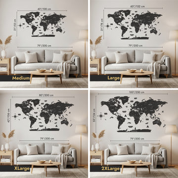 Size comparison of the wooden world map above a sofa: Medium 100 cm, Large 152 cm, XLarge 200 cm, 2XLarge 250 cm wide