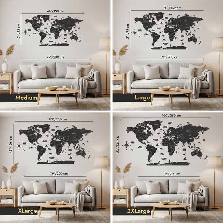 World map wall decal with size comparison in a living room setting.