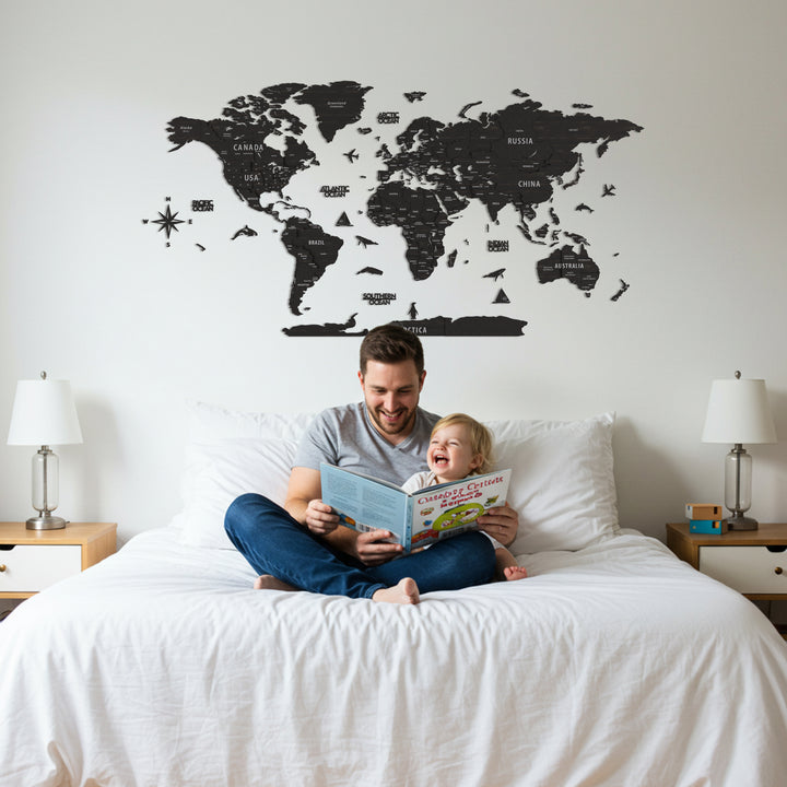 Father and child reading a book on a bed with a world map in the background