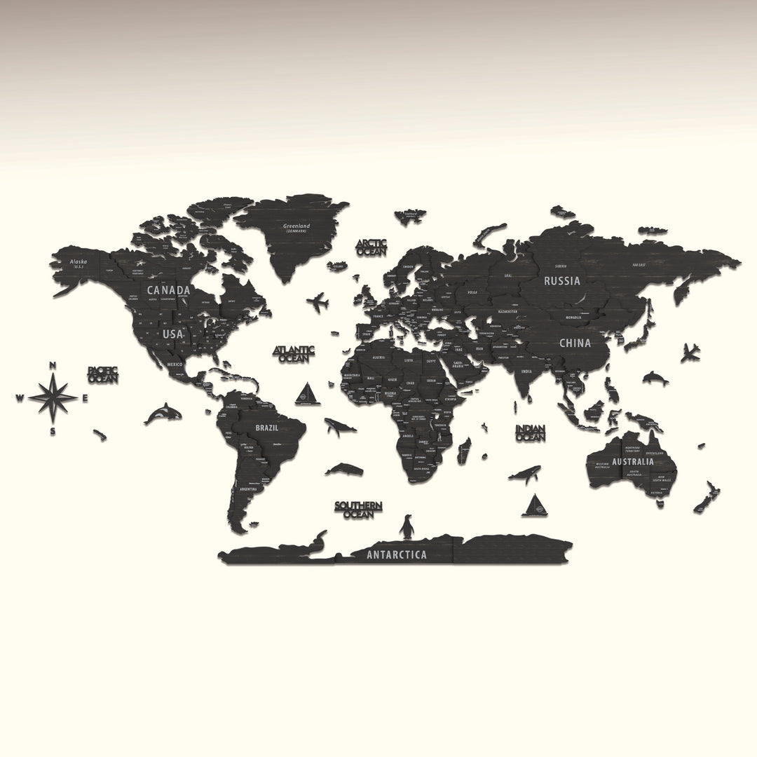 Black world map on a beige background