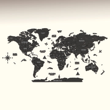 Tuana wooden world map on a plain cream background, front view without a room setting