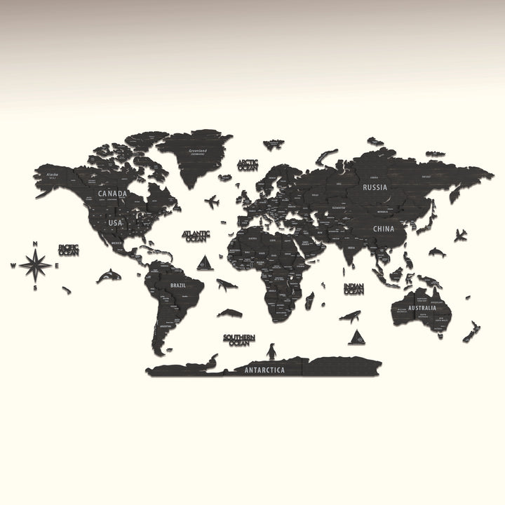 Black world map on a beige background