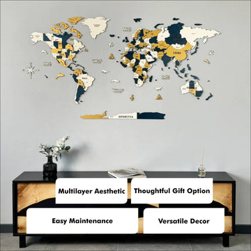 Yellow wooden world map above a sideboard with callouts: multilayer aesthetic, gift option, easy care, versatile decor
