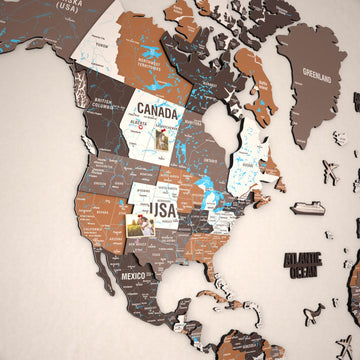 Close-up of North America with Canada, USA and Mexico on the Soil wooden world map
