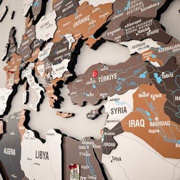 Close-up of Türkiye, Iraq and Syria on the Soil wooden world map