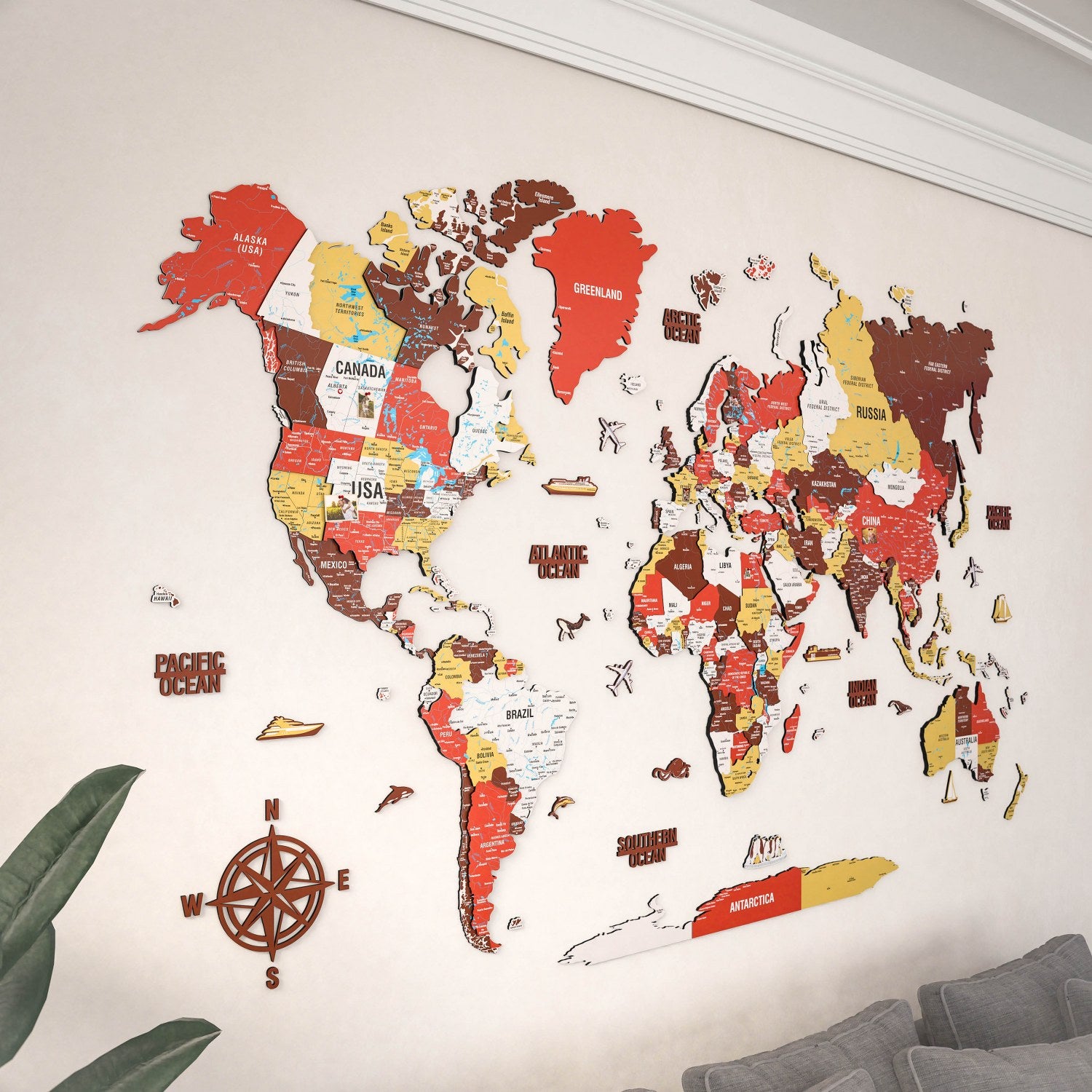 3D Wooden World Map - With Push Pins (Terracota