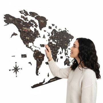Wooden World Map Wall Decor - 3D Wood Push Pin Maps (Dark Brown)