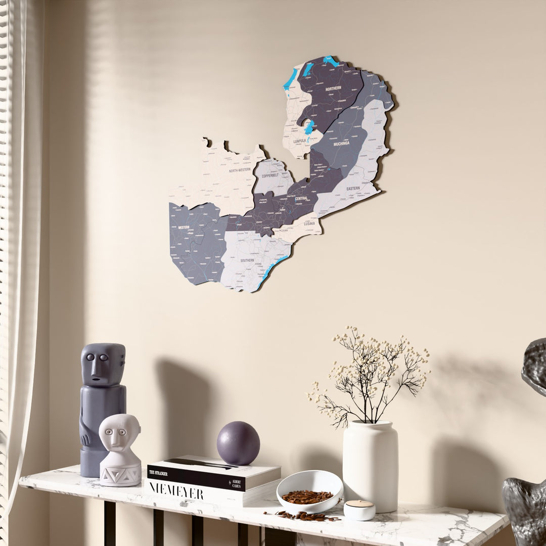 Nimbus Zambia wooden wall map beside a sheer curtain, angled view