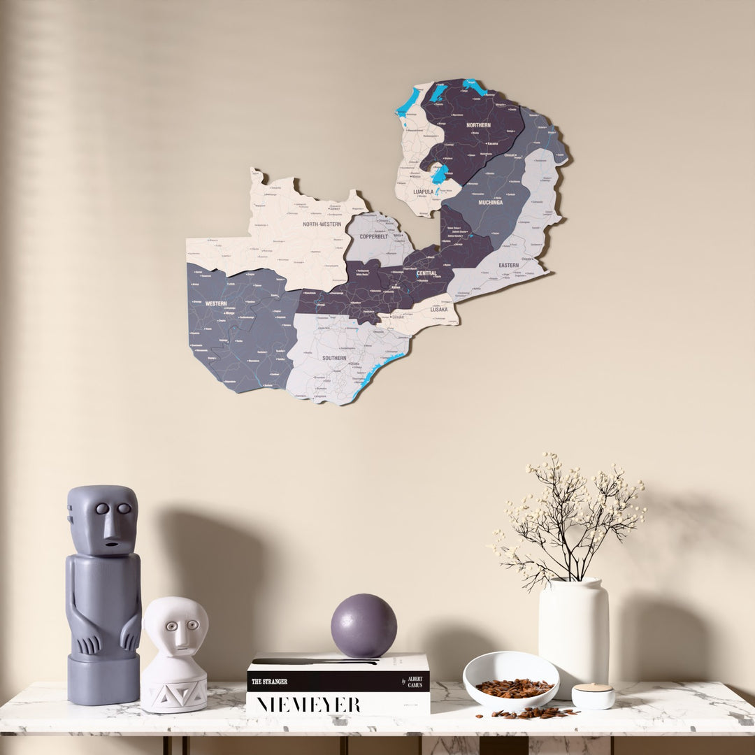 Nimbus Zambia wooden wall map above a marble console, front view