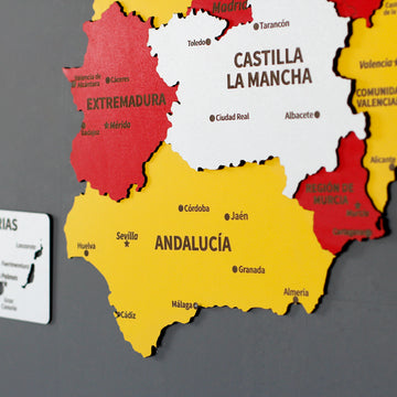 Close-up of the Spain Flag wooden wall map showing Extremadura, Castilla La Mancha and Andalucía labels