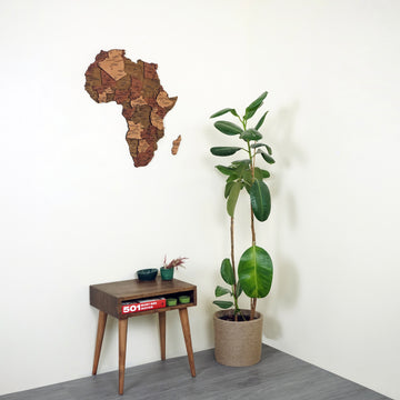 Wooden Africa wall map in a room corner above a mid-century side table