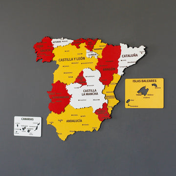 Spain Flag wooden wall map in red, yellow and white with Canarias and Islas Baleares panels, straight-on view